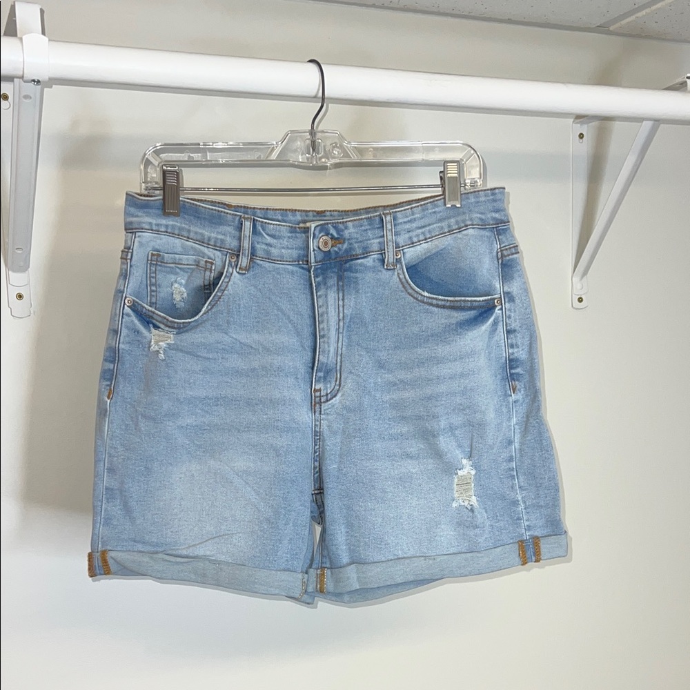 Luvamia Light Blue Distressed Longer Length Modest Denim Shorts- L‎